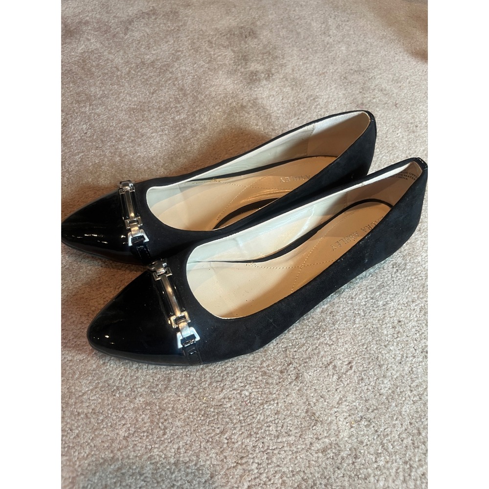 Laura Ashley Black Wedge Pumps Pointed Patent Toe Silver Buckle LA-LANCA 8.5M